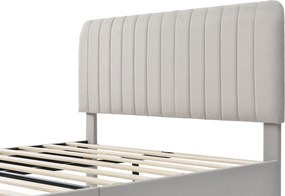 Pat dublu tapițat din țesătură de in 160x200 cm, cu tăblie reglabilă și somieră cu lamele, fără saltea, Gri+Bej