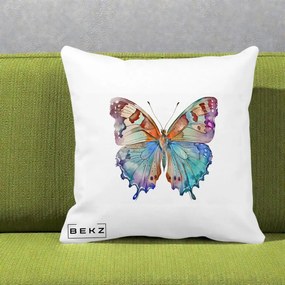 Perna Decorativa Fluture Acuarela Multicolor Portocaliu-Bleu-Mov, 40x40 cm, Alba Mata, Husa Detasabila, Perna Inclusa, BEKZ®