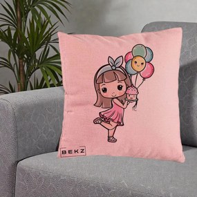 Perna Decorativa Fetita Kawaii cu Baloane si Cupcake, 40x40 cm, Roz, Husa Detasabila, Perna Inclusa, BEKZ®