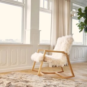 Fotoliu balansoar din lemn de frasin, cu pernă din 100% blană naturală de oaie tibetană, cu fir lung și buclat, „Rocking Chair”