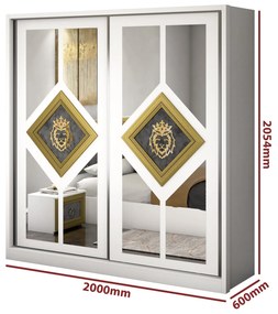 Dormitor Deluxe, culoare alb / gri, cu pat tapitat 160 x 200, dulap 200 cm, comoda si 2 noptiere