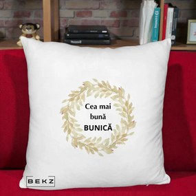 Cadou pentru Bunica - Perna Personalizata Cea Mai Buna Bunica Coronita Frunze Acuarela, 40x40 cm, Alb Pufos, Husa Detasabila, Perna Inclusa, BEKZ®