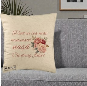 Cadou pentru Nasa - Perna Personalizata Pentru Cea mai Minunata Nasa Cu drag Finii, 40x40 cm, Bej, Husa Detasabila, Perna Inclusa, BEKZ®