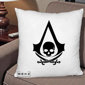 Perna Personalizata Assassin's Creed Black Flag Skull, 40x40 cm, Alb Pufos, Husa Detasabila, Perna Inclusa, BEKZ®