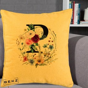 Cadou Personalizat - Perna Personalizata Monogram Litera P cu Flori Acuarela, 40x40 cm, Galben, Husa Detasabila, Perna Inclusa, BEKZ®