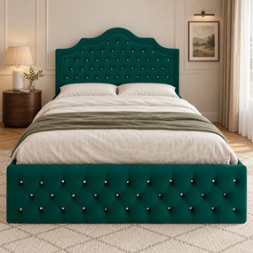Pat tapițat Chesterfield din catifea Imperio Deluxe 140×200 cm, verde, cu ladă de depozitare