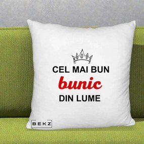 Cadou pentru Bunic - Perna Personalizata Cel Mai Bun Bunic Din Lume Coroana Rosu, 40x40 cm, Alb Pufos, Husa Detasabila, Perna Inclusa, BEKZ®