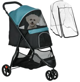 PawHut Cărucior pentru Câini cu 3 Roți, Cărucior Pliant cu Husă de Ploaie, Coș și Curea, 80,5x51,5x100 cm, Verde Închis | Aosom Romania