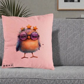 Perna Decorativa Pui Pop Star cu Ochelari Stele Violet, 40x40 cm, Roz, Husa Detasabila, Perna Inclusa, BEKZ®