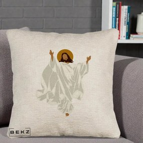 Perna Decorativa Iisus Hristos Invierea Silueta Minimalista, 40x40 cm, Bej Canapea, Husa Detasabila, Perna Inclusa, BEKZ®