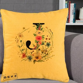 Cadou Personalizat - Perna Personalizata Monogram Litera J cu Flori Acuarela, 40x40 cm, Galben, Husa Detasabila, Perna Inclusa, BEKZ®