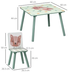 Set masă și scaun ZONEKIZ de 3 piese pentru copii cu vârsta de 3-8 ani din MDF și lemn de pin cu desene animale, de culoare verde