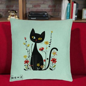 Perna Decorativa Pisica Neagra Ochi Galbeni Flori, 40x40 cm, Verde Menta, Husa Detasabila, Perna Inclusa, BEKZ®