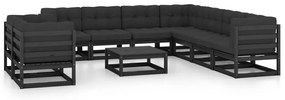 vidaXL Set mobilier grădină cu perne, 10 piese, negru, lemn masiv pin