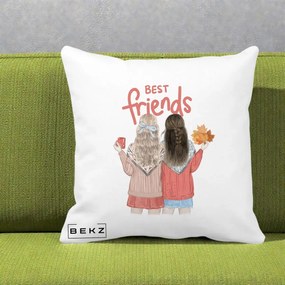 Cadou pentru Prieteni - Perna Personalizata Best Friends Toamna, 40x40 cm, Alba Mata, Husa Detasabila, Perna Inclusa, BEKZ®