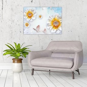 Tablou pe sticlă - Copoziția flori și fluturi (70x50 cm)