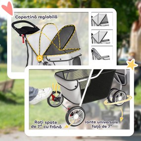 PawHut Cărucior pentru Câini Mici Pliabil, Cărucior pentru Câini cu Roți cu Frâne, Suport pentru Pahare, Coș de Depozitare și Căptușeală Detasabilă și Lavabilă, pentru Animale de până la 10 kg, Gri | Aosom Romania