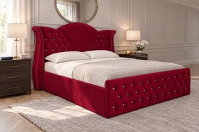 Pat tapițat Chesterfield din catifea Velora Cristal 140×200 cm, vișiniu, cu ladă de depozitare