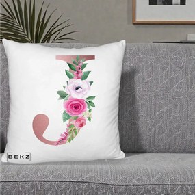 Cadou Personalizat - Perna Personalizata Monograma Rose Gold Litera J, 40x40 cm, Alb Pufos, Husa Detasabila, Perna Inclusa, BEKZ®