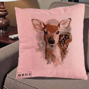 Perna Decorativa Caprioara Pui Acuarela, 40x40 cm, Roz, Husa Detasabila, Perna Inclusa, BEKZ®
