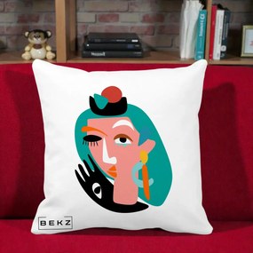 Perna Decorativa Portret Abstract Matisse Turcoaz, 40x40 cm, Alba Mata, Husa Detasabila, Perna Inclusa, BEKZ®