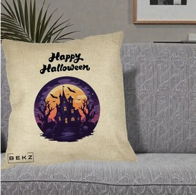 Perna Decorativa Happy Halloween Casa Bantuita Violet, 40x40 cm, Crem, Husa Detasabila, Perna Inclusa, BEKZ®