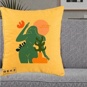 Perna Decorativa Femeie Albastra Cactus, 40x40 cm, Galben, Husa Detasabila, Perna Inclusa, BEKZ®