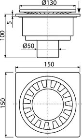 Sifon pardoseala 150Ã 150 50 mm iesire verticala, gratar de plastic gri, sistem de retinere a mirosurilor umed APV16