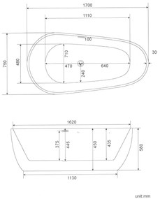 Cada freestanding ovala Elise 170x75 cm