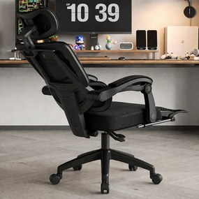 Scaun ergonomic cu suport lombar, tetieră reglabilă 3D, suport pentru picioare, Mesh, Negru