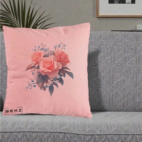 Perna Decorativa Trandafiri Roz cu Floricele Albastre, 40x40 cm, Roz, Husa Detasabila, Perna Inclusa, BEKZ®