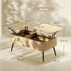 HOMCOM Masă de cafea rabatabilă cu dublu blat, masă de living cu compartiment ascuns și picioare din metal, lemn natural | Aosom Romania