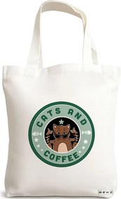 Sacosa de Panza pentru Cumparaturi, Geanta Tote, model Cats and Coffee, 38 x 34.5 cm, Alba, BEKZ®
