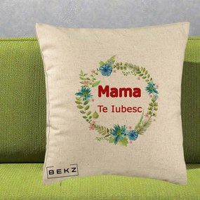 Cadou pentru Mama - Perna Personalizata Mama Te Iubesc Flori Albastre, 40x40 cm, Bej, Husa Detasabila, Perna Inclusa, BEKZ®