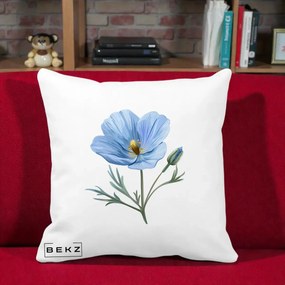 Perna Decorativa Mac Albastru Acuarela, 40x40 cm, Alba Mata, Husa Detasabila, Perna Inclusa, BEKZ®