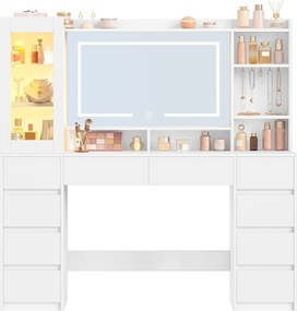 Masuta de machiaj 140 cm, cu Oglinda LED si 10 Sertare pentru Cosmetice, Set Masa toaleta Alba, masuta cosmetica, vanity cu dulapior si rafturi -
