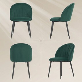 HOMCOM Set de 2 Scaune de Sufragerie din Catifea, Scaune Bucătărie cu Spătar Curbat în Formă de Scoică, Picioare din Metal, Stil Nordic, Scaun Tapițat pentru Bucătărie, Dormitor, Cameră de Zi, Verde Închis | Aosom Romania