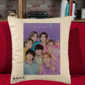 Perna Personalizata K-pop BTS Our Universe Fanart Violet Pastel, 40x40 cm, Bej, Husa Detasabila, Perna Inclusa, BEKZ®