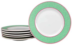 Set 6 farfurii desert Alb Pur decorat cu banda Verde cu roz si puncte albe, 20 cm