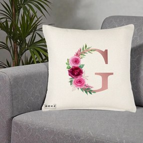 Cadou Personalizat - Perna Personalizata Monograma Rose Gold Litera G, 40x40 cm, Crem Reliefat, Husa Detasabila, Perna Inclusa, BEKZ®