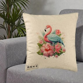 Perna Decorativa Flamingo cu Hibiscus Tropical, 40x40 cm, Bej, Husa Detasabila, Perna Inclusa, BEKZ®