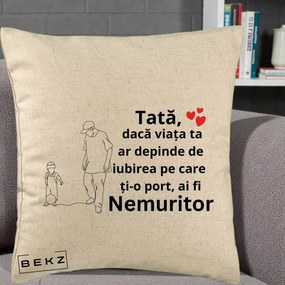 Cadou pentru Tata - Perna Personalizata Tata Nemuritor Joaca cu Mingea, 40x40 cm, Bej, Husa Detasabila, Perna Inclusa, BEKZ®