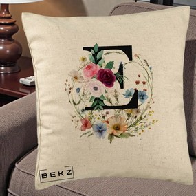 Cadou Personalizat - Perna Personalizata Monogram Litera E cu Flori Acuarela, 40x40 cm, Bej, Husa Detasabila, Perna Inclusa, BEKZ®