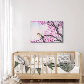 Tablou - Pasăre pe un copac cu flori roz (90x60 cm)