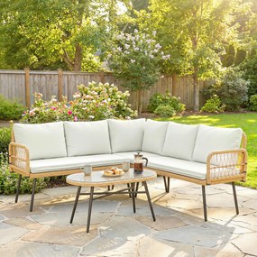 Outsunny Set Mobilier Grădină din Ratan, 4 Piese în Formă de L, cu 2 Canapele, Colțar, Măsuță de Cafea și Perne, Cadru din Oțel, pentru Balcon sau Terasă, Natural/Crem | Aosom Romania