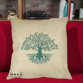 Perna Decorativa Copacul Vietii Teal cu Radacini, 40x40 cm, Crem, Husa Detasabila, Perna Inclusa, BEKZ®