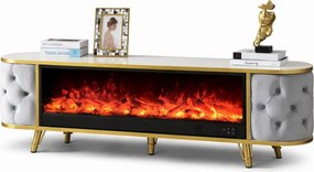 Șemineu electric cu efect LED realist cu 12 culori, Comodă TV cu design oval, control vocal și telecomandă, fără încălzire, 180 cm, Gri