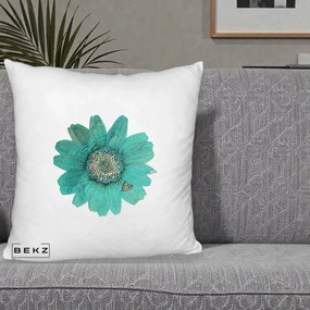 Perna Decorativa Floare Gerbera Teal Acuarela, 40x40 cm, Alb Pufos, Husa Detasabila, Perna Inclusa, BEKZ®