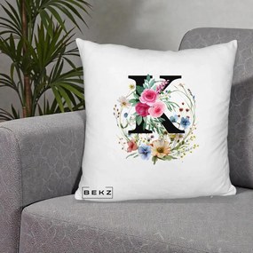 Cadou Personalizat - Perna Personalizata Monogram Litera K cu Flori Acuarela, 40x40 cm, Alb Pufos, Husa Detasabila, Perna Inclusa, BEKZ®