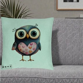 Perna Decorativa Bufnita cu Inimioare Roz, 40x40 cm, Verde Menta, Husa Detasabila, Perna Inclusa, BEKZ®